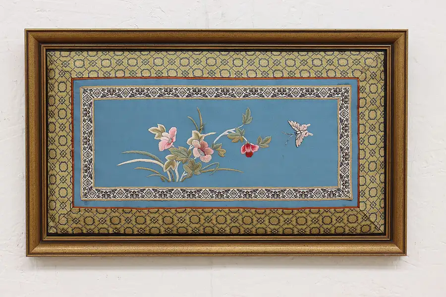 Main image of Framed Chinese Vintage Silk Embroidery Panel, Butterfly, 19"