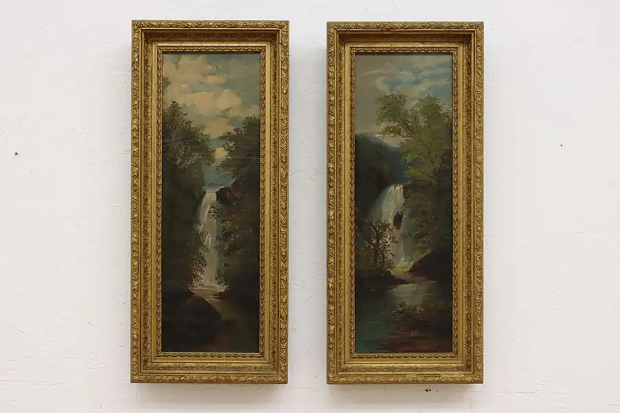 Main image of Victorian Antique Pair of Falls Original Oil Paintings 26"