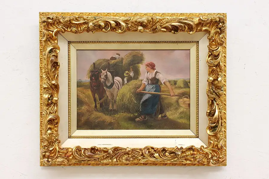 Main image of Victorian Harvest & Horses Antique Original Oil Painting 23"