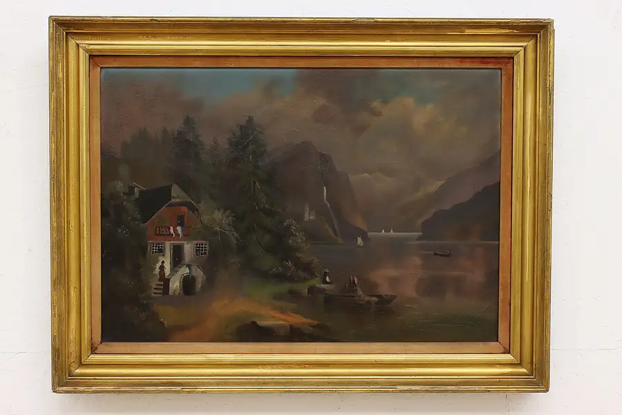 Main image of Lakeside Farm Victorian Antique Original Oil Painting 35.5"