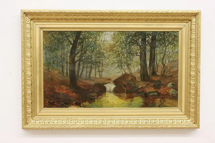 Main image of River in Autumn Antique Original Oil Painting 49" Heine