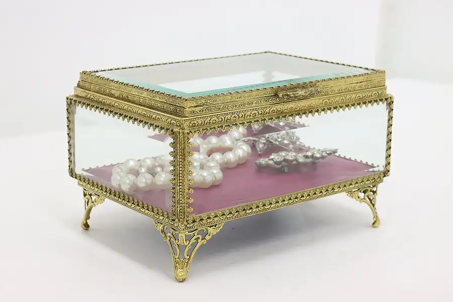 Main image of Beveled Glass & Gold Plated Filigree Vintage Jewelry Box