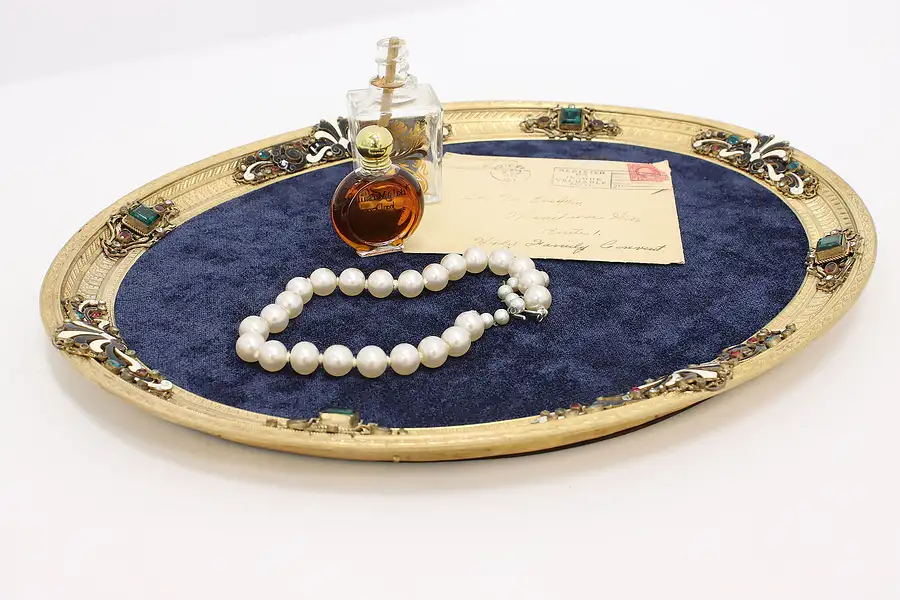 Main image of Enamel & Jewel Antique Oval Boudoir Perfume or Jewelry Tray