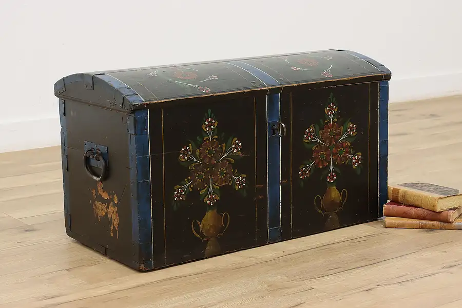 Main image of Farmhouse Rosemaling Painted Antique Immigrant Trunk Chest