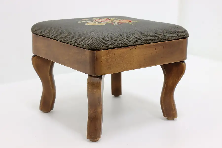 Main image of Farmhouse Vintage Walnut Footstool, Handstitched Needlepoint