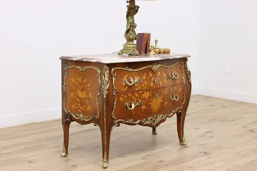 Main image of French Vintage Bombe Chest Dresser, Marquetry & Marble Top