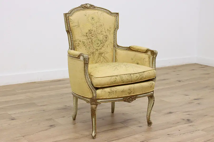 Main image of Country French Vintage Carved Armchair, Hand Painted Silk