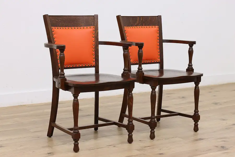 Main image of Pair of Antique Oak & Leather Banker Office Chairs Milwaukee