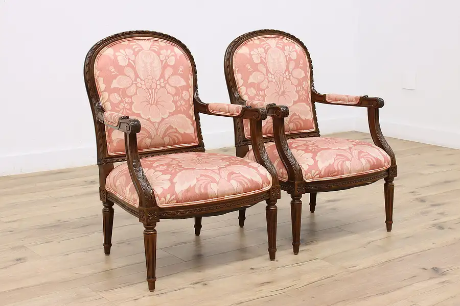 Main image of Pair of Country French Vintage Upholstered Library Armchairs