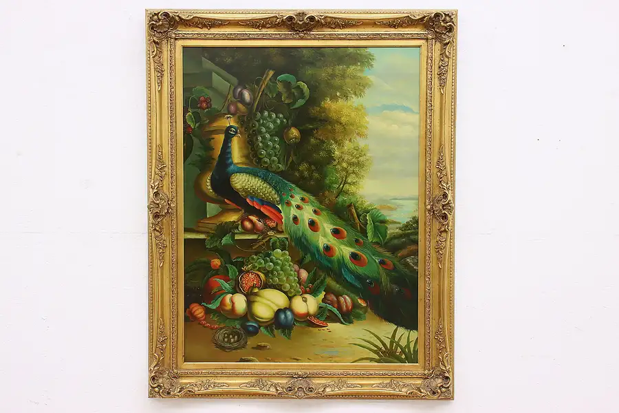 Main image of Peacock & Fruit Original Vintage Oil Painting, Alexander 49"