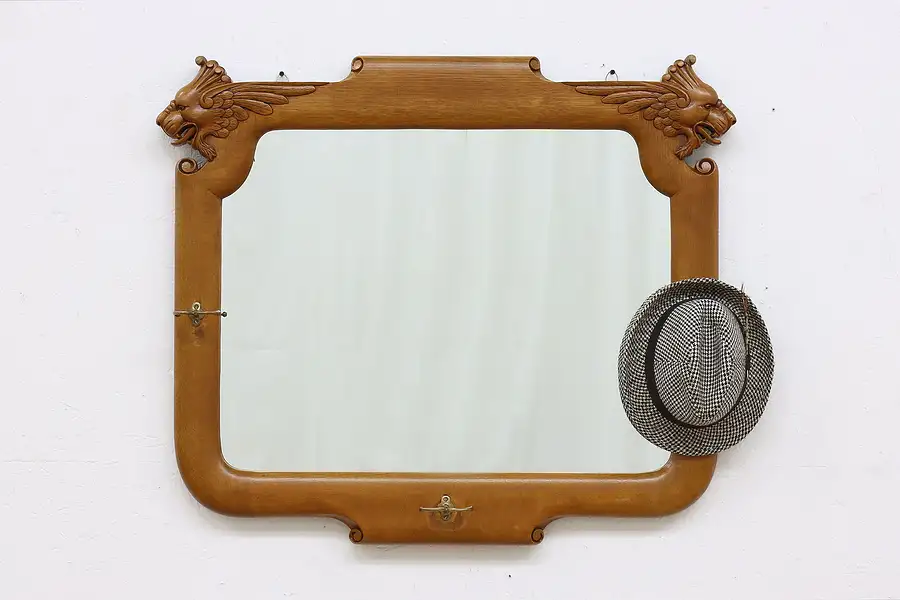 Main image of Victorian Oak Antique Mirror, Hat Hooks, Carved Lion Heads