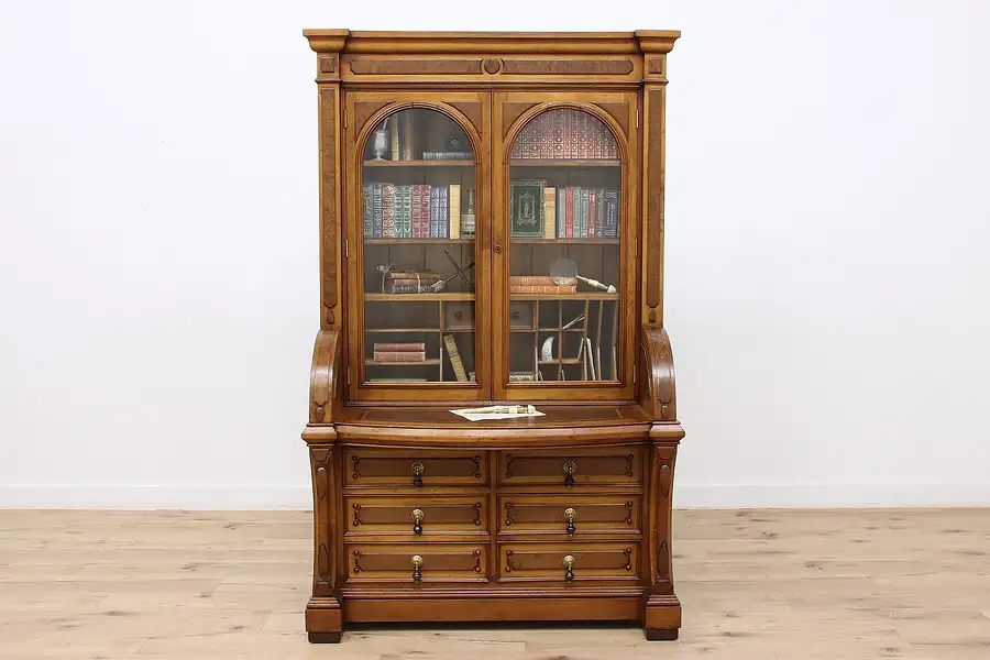 Main image of Victorian Antique Butternut, Walnut Secretary Desk, Bookcase