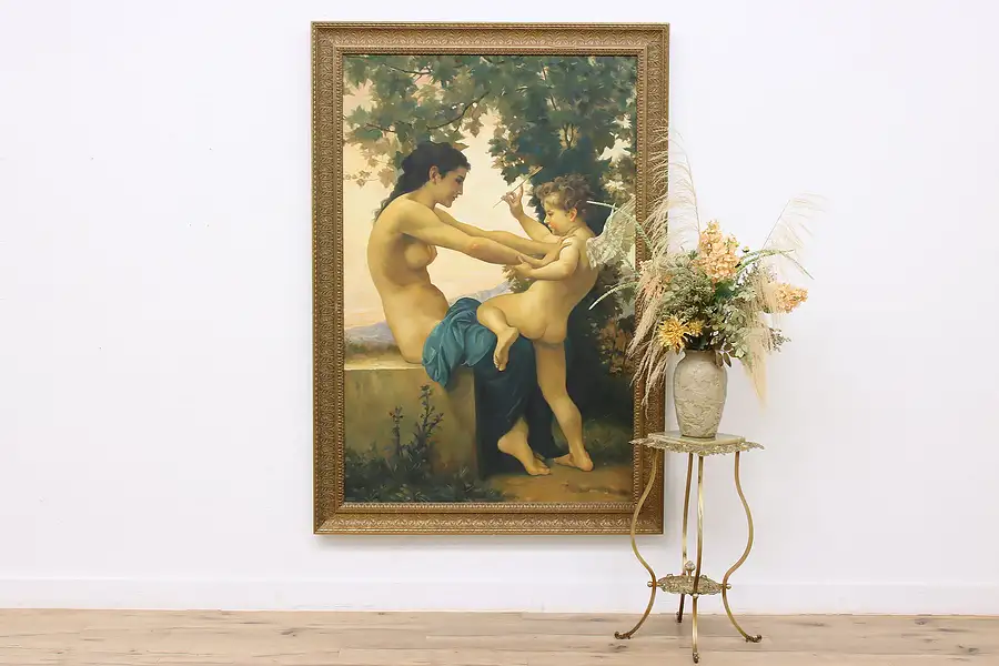 Main image of Female Nude & Cupid Original Vintage Oil Painting 78.5"