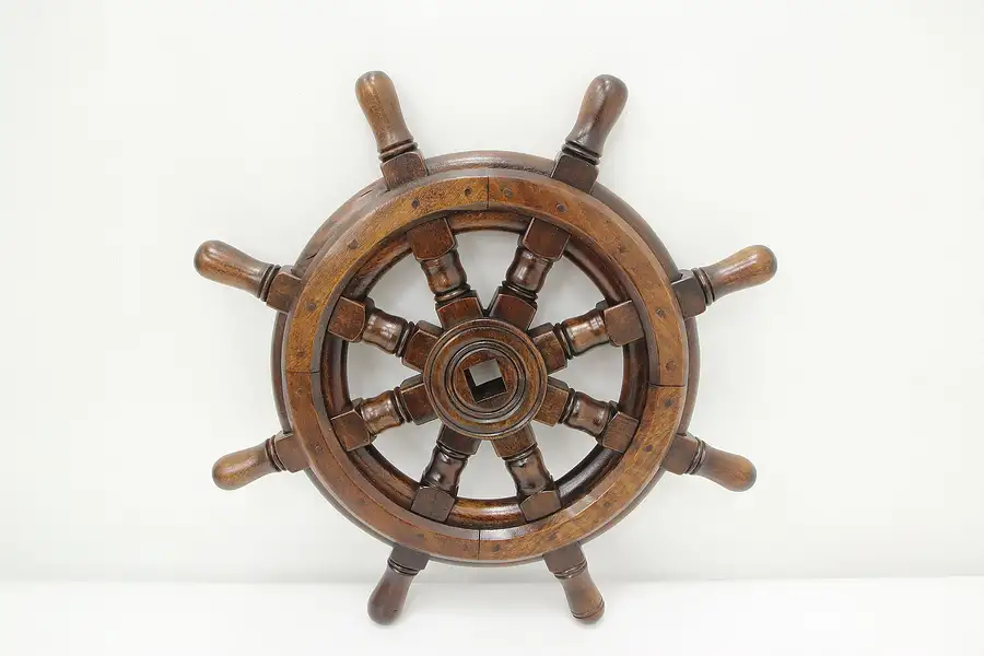 Main image of Farmhouse Vintage Walnut & Birch Salvage Captain Ship Wheel