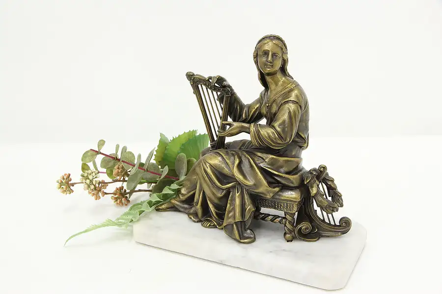 Main image of Harpist Vintage Bronze Sculpture on Marble Base