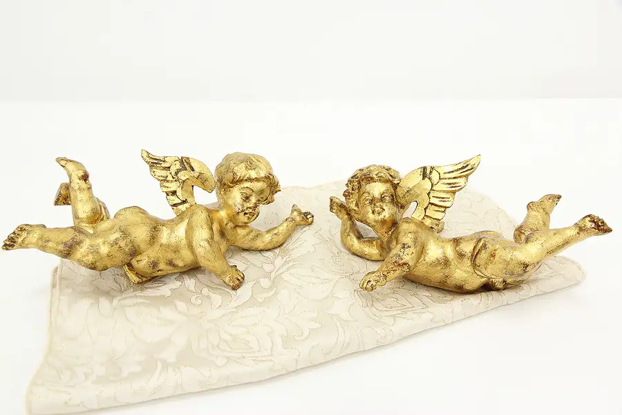 Main image of Pair of Vintage Gold Italian Carved Angel Cherub Sculptures