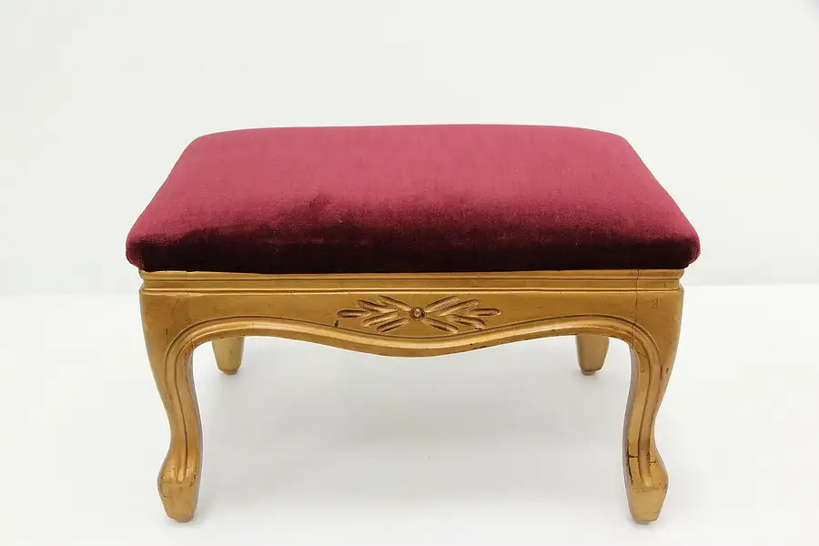 Main image of Traditional Vintage Carved Gilt Footstool, Velvet Upholstery