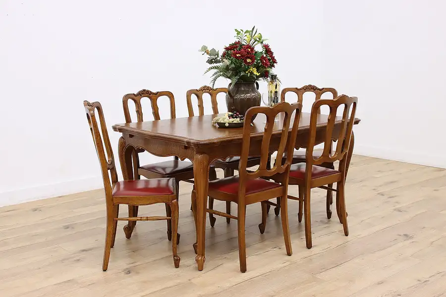 Main image of Country French Vintage Oak Dining Set, Table & 6 Chairs