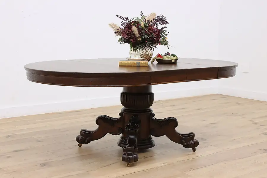 Main image of Victorian Antique Oak 48" Dining Table, Paw Feet Opens 75"