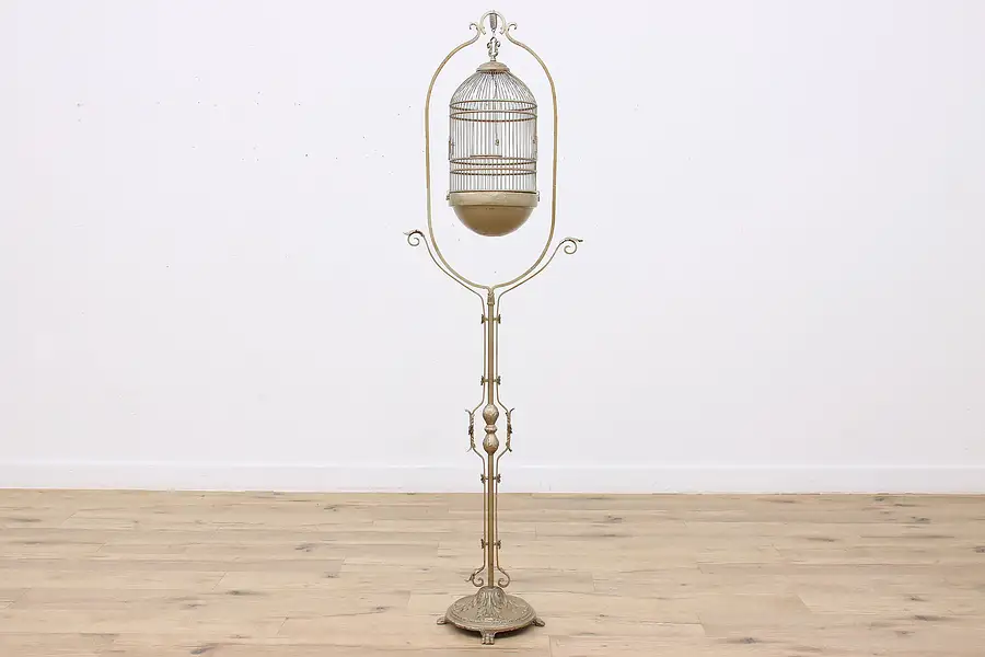 Main image of Victorian Antique Gilt Iron Bird Cage & Stand