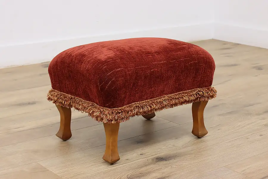 Main image of Carved Walnut Vintage Footstool, Red Upholstery & Fringe