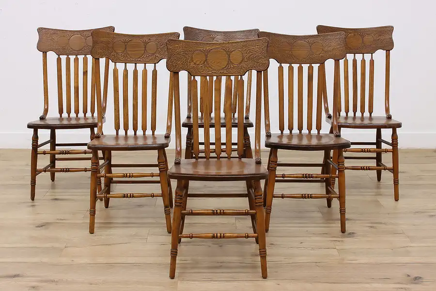 Main image of Farmhouse Set of 6 Carved Antique Pressback Dining Chairs