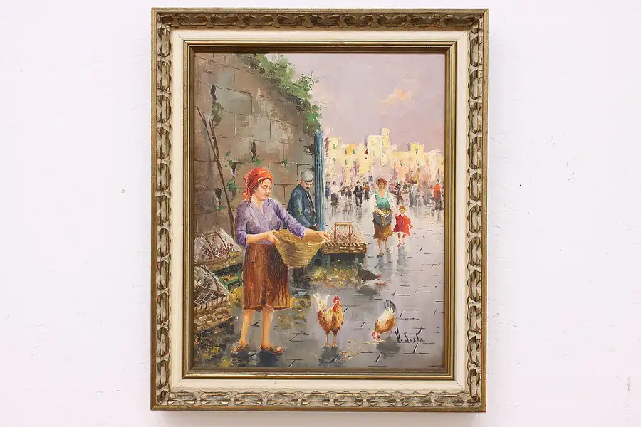 Main image of Chicken Market Original Vintage Oil Painting, Siska 24.5"