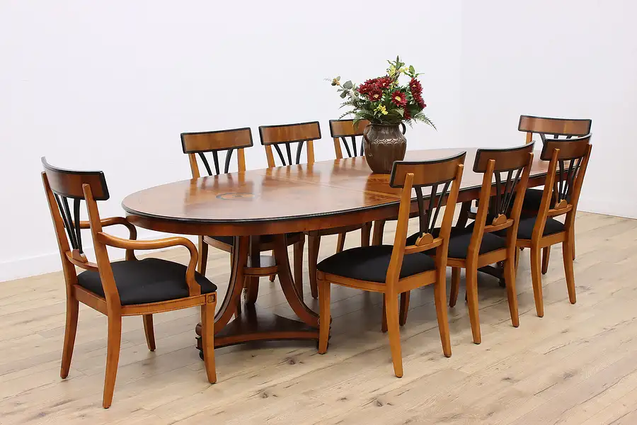 Main image of Empire Vintage Marquetry Dining Table, 8 Chairs, Century