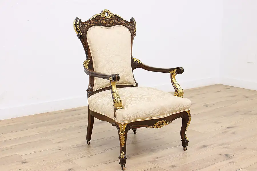 Main image of French Antique Rosewood Armchair Pearl Marquetry