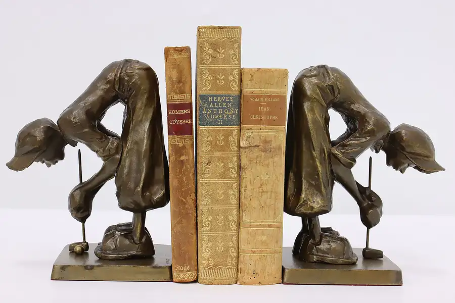 Main image of Pair of Antique Bronze Finish Golf Statue Bookends, Frankart