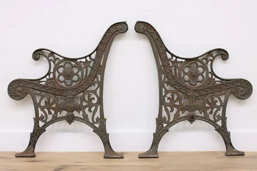 Main image of Victorian Antique Salvage Cast Iron Bench Ends, Lion Heads