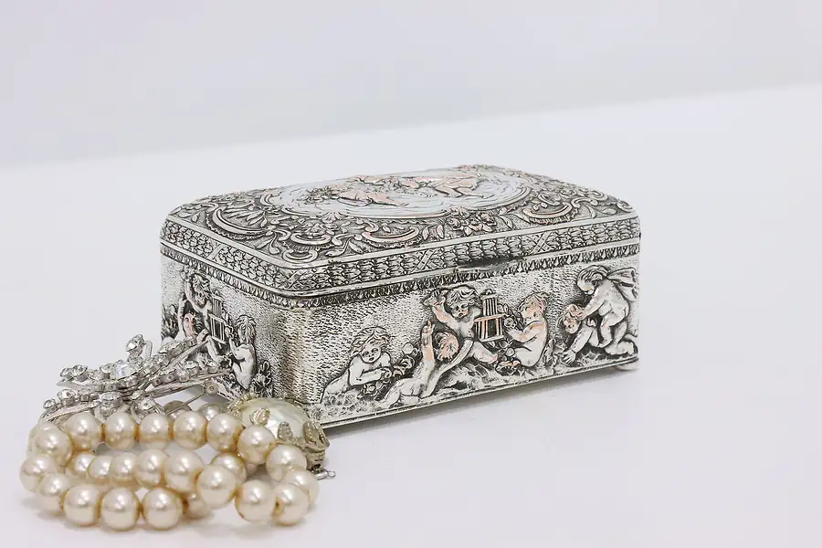 Main image of Victorian Antique Silverplate Jewelry Trinket Box, Cherubs