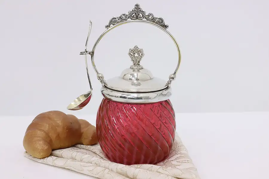 Main image of Victorian Antique Cranberry & Silverplate Pickle Jar & Ladle