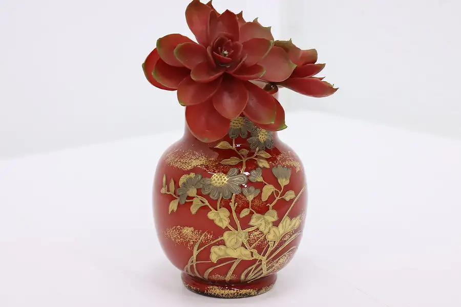 Main image of Victorian Blown Ruby Cased Glass & Enamel Antique Vase