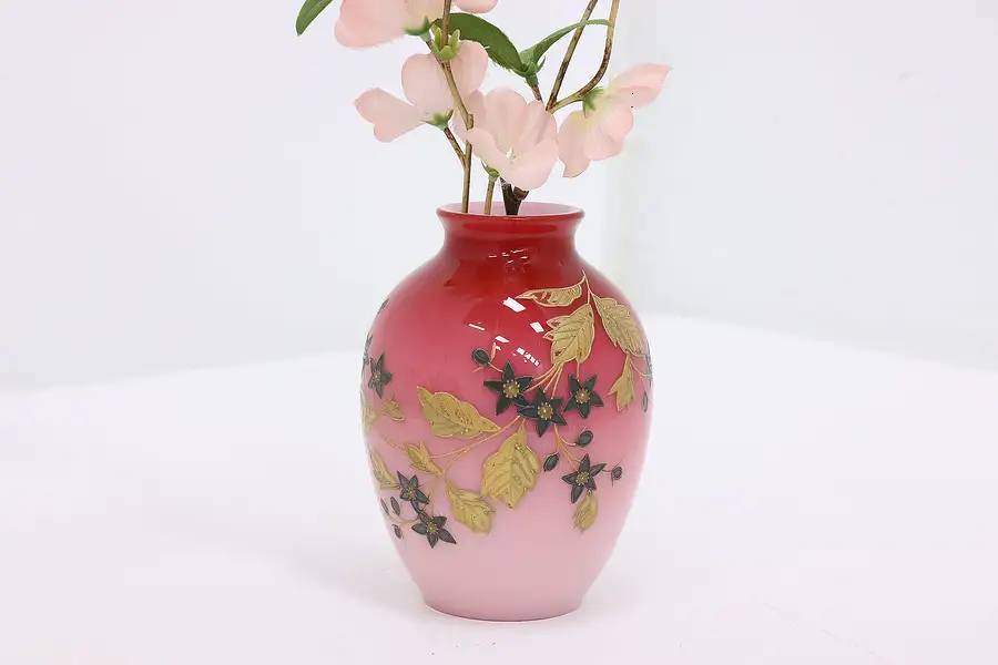 Main image of Victorian Blown Cased Glass & Enamel Antique Flower Vase