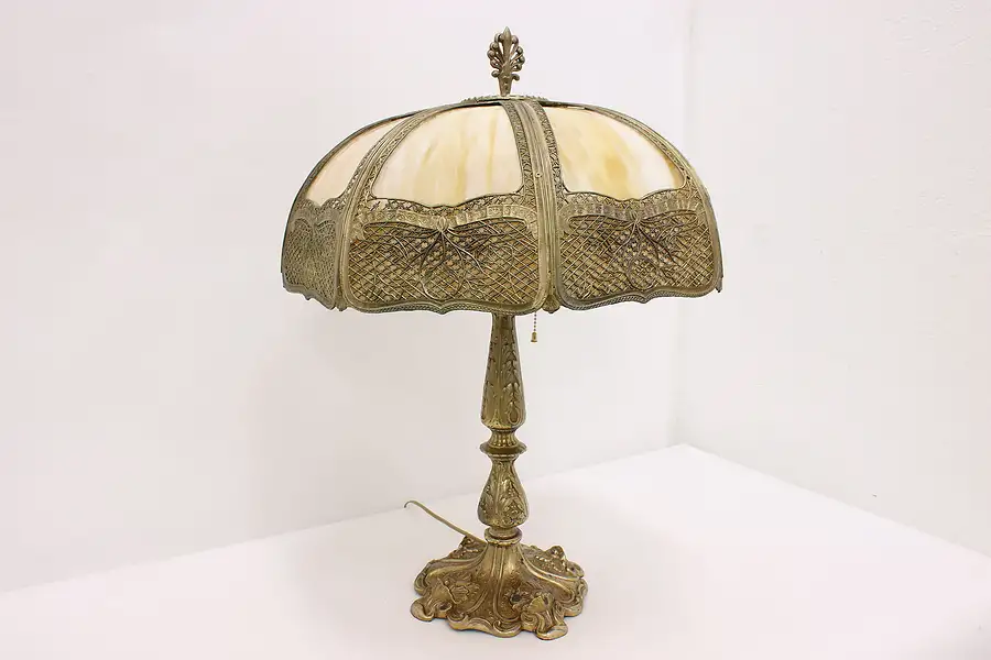 Main image of Stained Glass Panel Filigree Shade Antique Lamp