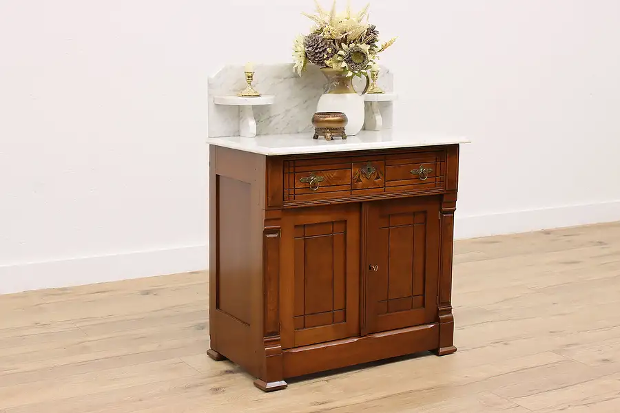 Main image of Victorian Eastlake Antique Walnut Chest Nightstand, Marble