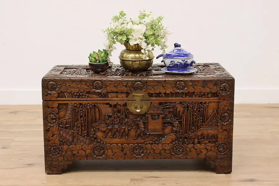 Main image of Chinese Vintage Carved Camphor Chest, Trunk, Coffee Table