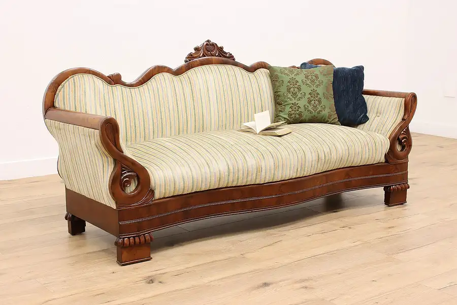 Main image of Empire 1840s Antique Carved Flame Mahogany Sofa, Swan Arms