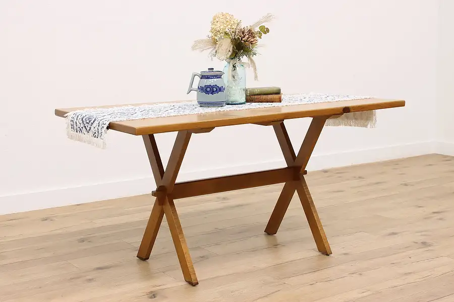 Main image of Farmhouse Vintage Pine & Maple Trestle Dining Table or Desk