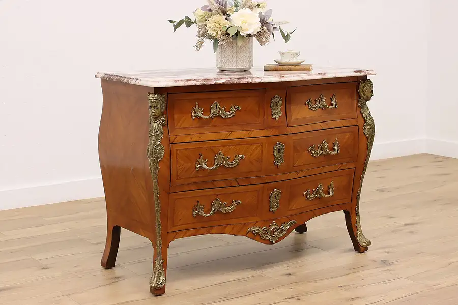 Main image of Italian Vintage Marble Top Bombe Chest Dresser, Brass Heads