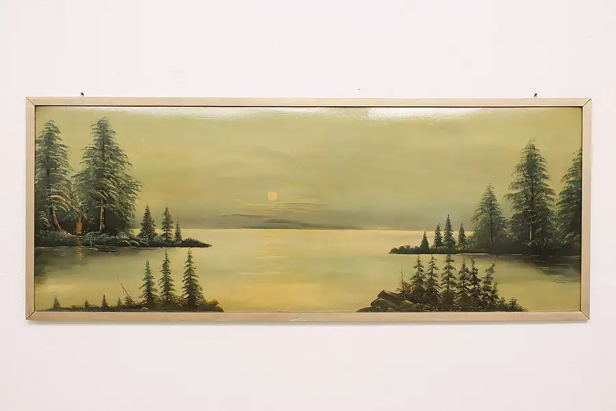 Main image of Moon & Lake Antique Original Hunting Lodge Oil Painting 87"