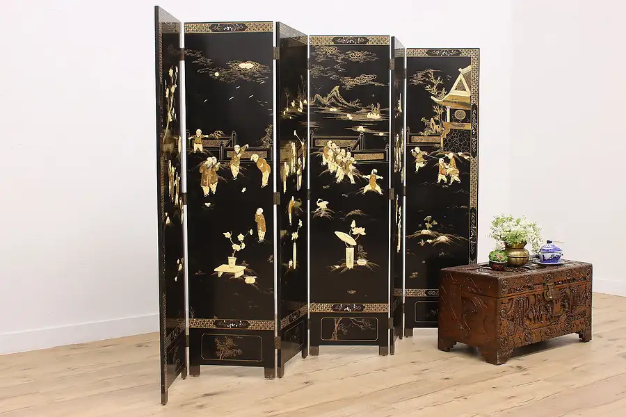 Main image of Traditional Chinese Vintage 6 Panel Bone & Lacquer 9' Screen