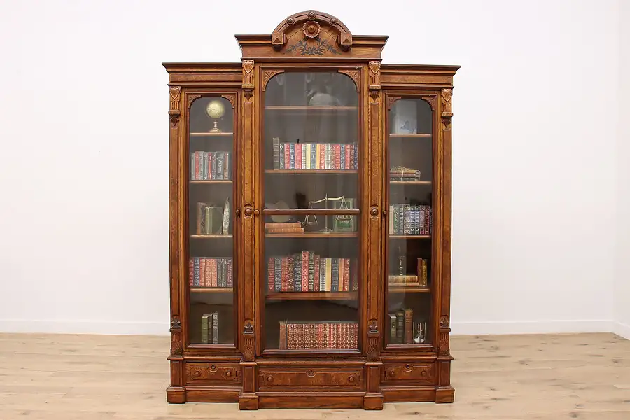 Main image of Victorian Antique Office Library Marquetry Triple Bookcase