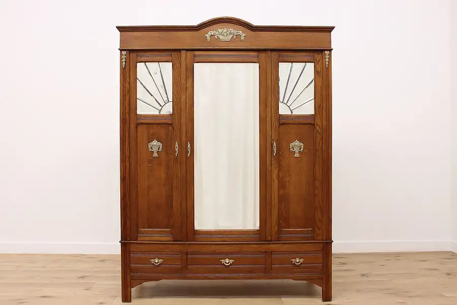 Main image of Classical Antique Oak Armoire or Wardrobe, Sunburst Mirrors