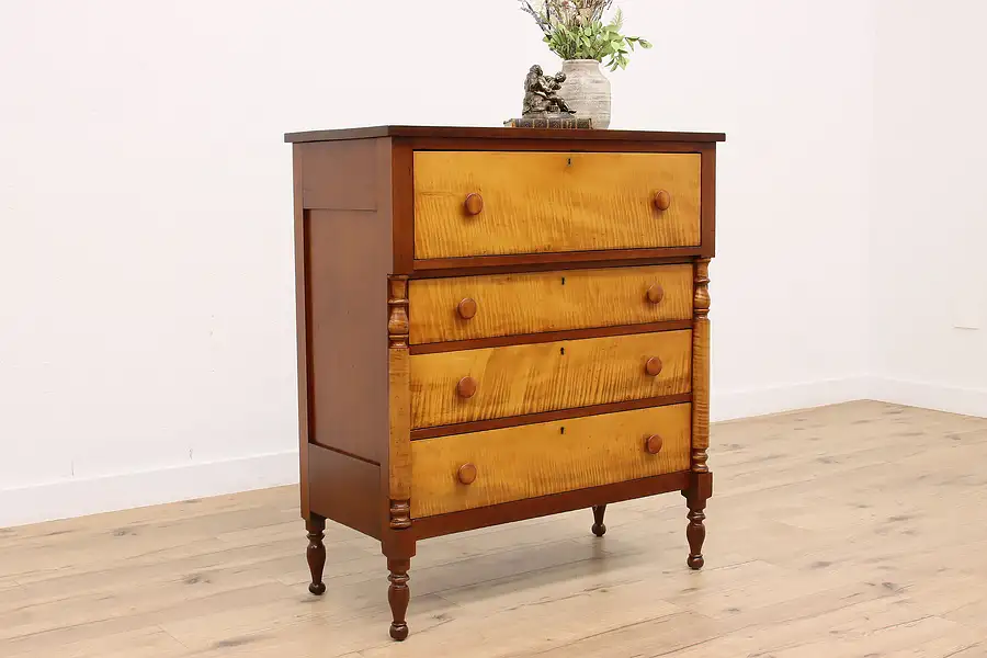 Main image of Empire 1830s Antique Tiger Curly Maple, Cherry Chest Dresser