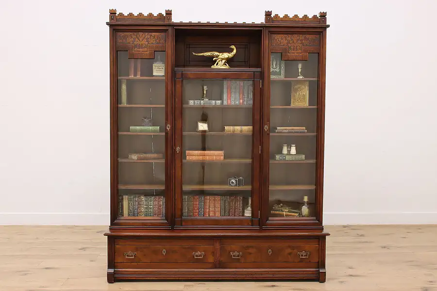 Main image of Victorian Eastlake Antique Office or Library Triple Bookcase