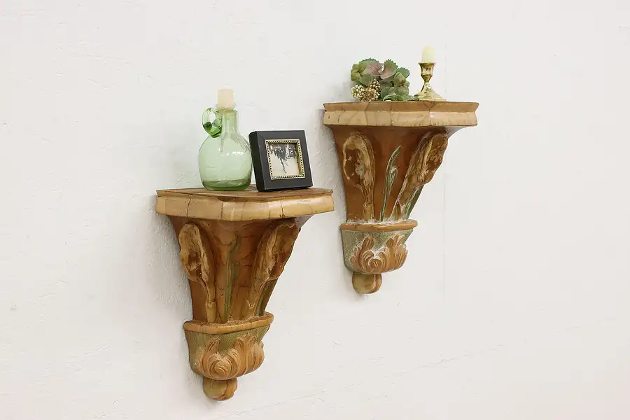 Main image of Pair of Vintage Carved Wall Bracket Shelves, Calla Lilies