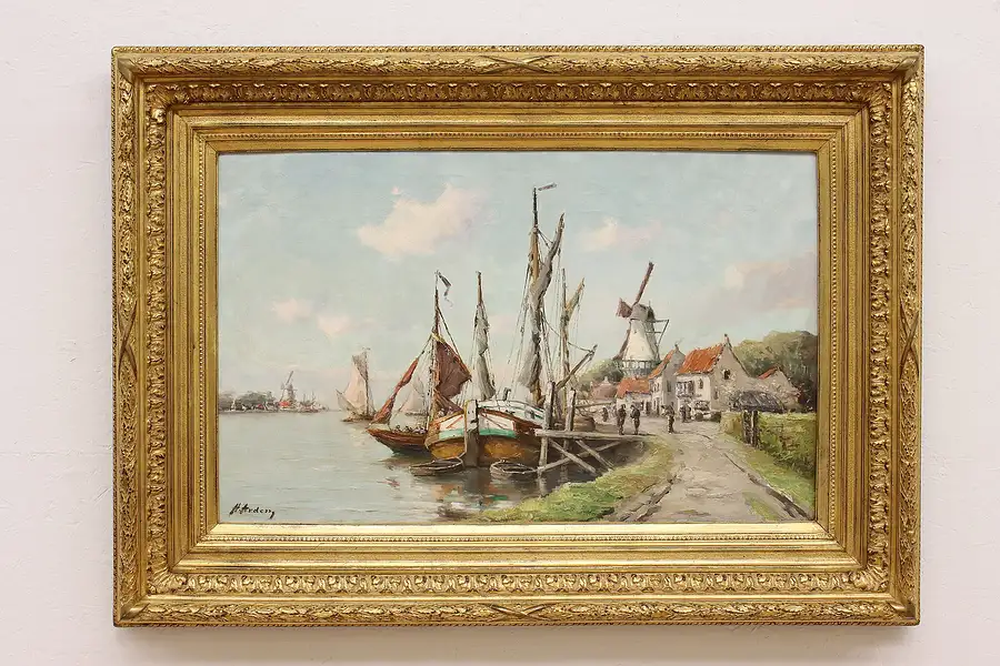 Main image of Harbor & Windmills Antique Original Oil Painting Arden 48.5"