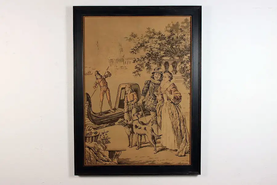 Main image of French Family, Dog & Gondola Framed Antique Tapestry 54.5"